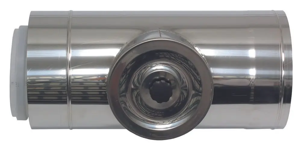 Edelstahl-Revisionselement mit runder Öffnung, geeignet für Abgassysteme, präsentiert in neutralem Design. Marke Vaillant.